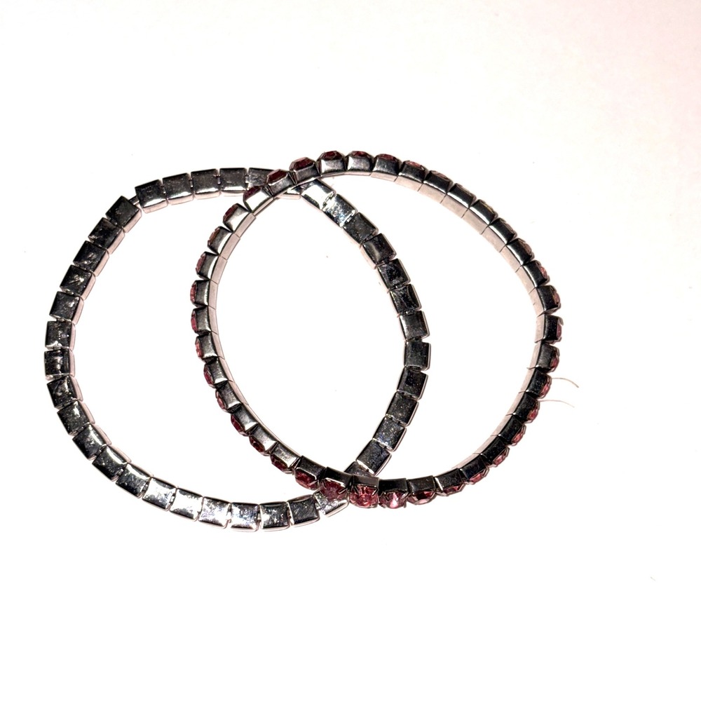 Pink Rhinestone Silver Tone Stretch Tennis Bracelet Set of 2 Bangle Extendable - Picture 7 of 11